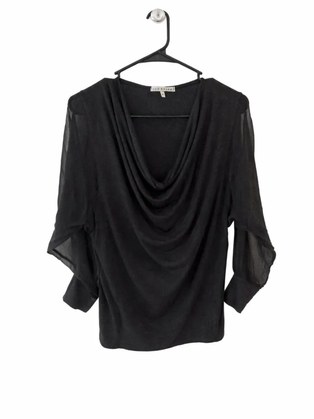 Red Haute Draped Cowl Neck Top M Sheer Sleeve Charcoal Gray Blouse - Picture 3 of 6